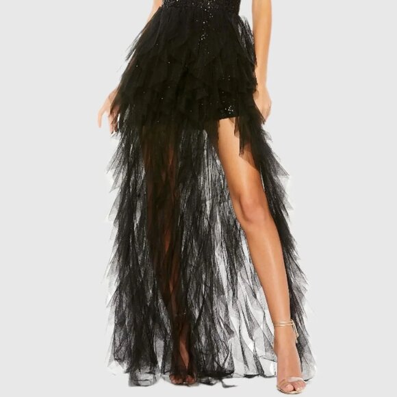 💥💥BOMBSHELL!💥💥MAC DUGGAL Ruffled Glittery Gown in Black Sequin & Tulle - Picture 5 of 14